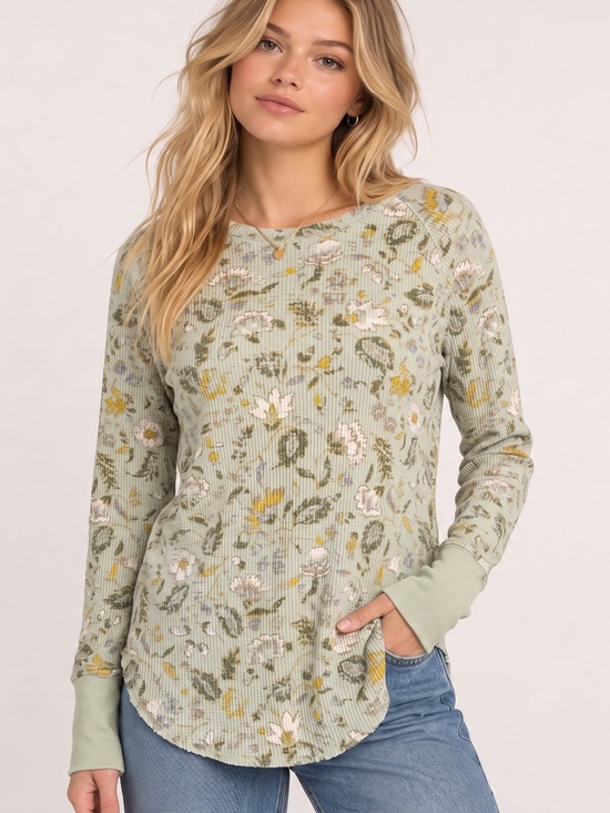 Knox Rose Tops - KNOX ROSE Floral Thermal Waffle Knit Top